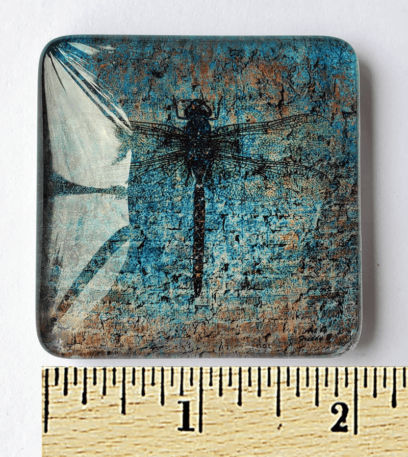 Square acrylic glass magnet 2x2 in with teal dragonfly on blue brick print