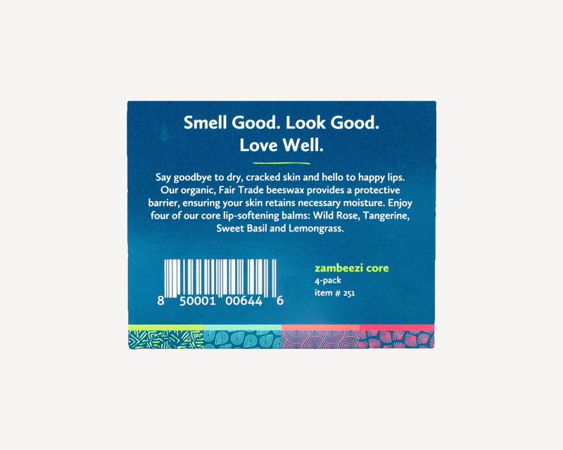 Zambezi core lip balm 4-pack back label with barcode