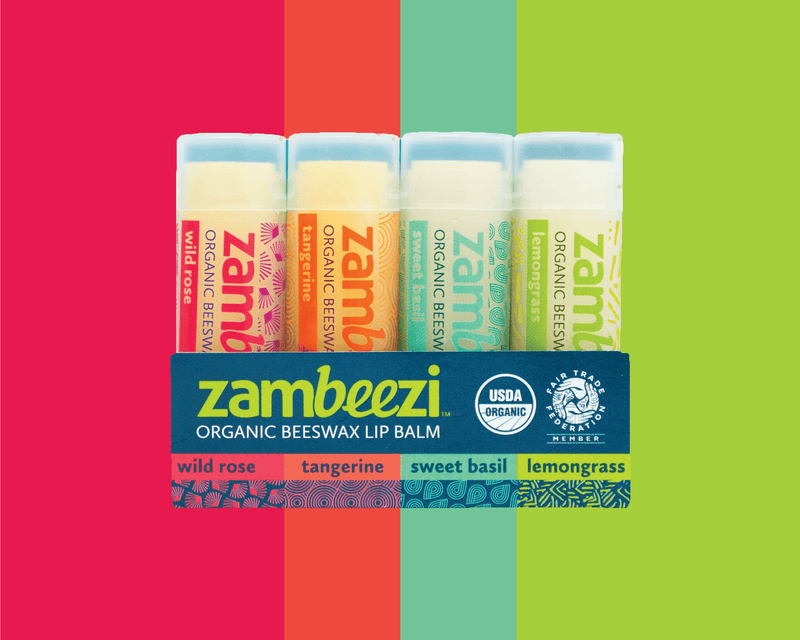 Zambezi 4-pack lip balm boxes with colorful scent labels