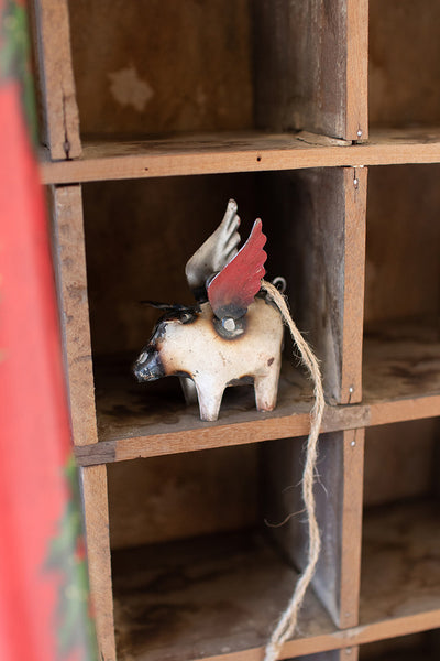 Flying pig Christmas ornament with red and grey wings, wire hanger, iron look