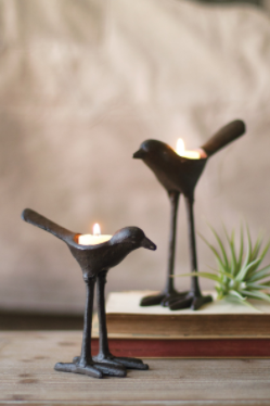 Brown cast iron bird tea light holders, set of 2, with two small flames
