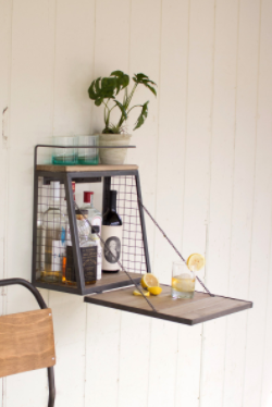 Grey wall bar with fold-down shelf and dark metal rack