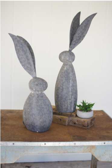 FAUX STONE RABBIT WITH TALL METAL EARS - Grey / 1 / Tall - Home Decor