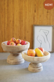 Set of two turned natural wooden pedestal compotes, round serving bowls