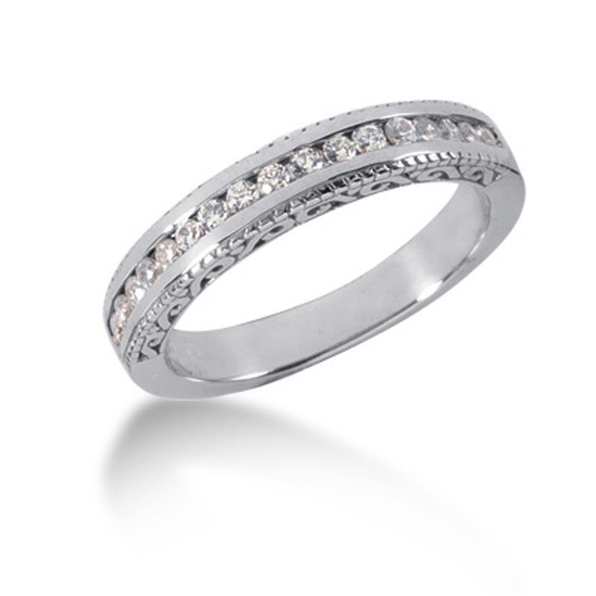 14k White Gold Vintage Style Engraved Diamond Channel Set Wedding Ring Band - 4 - Jewelry