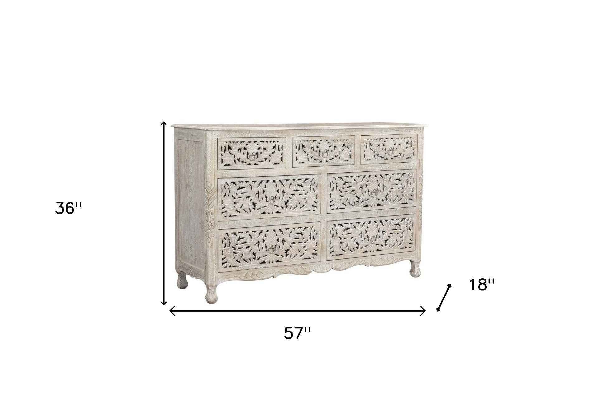 57" White Solid Wood Seven Drawer Dresser