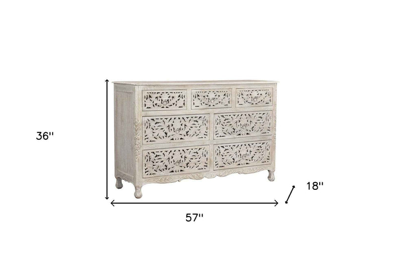 57" White Solid Wood Seven Drawer Dresser