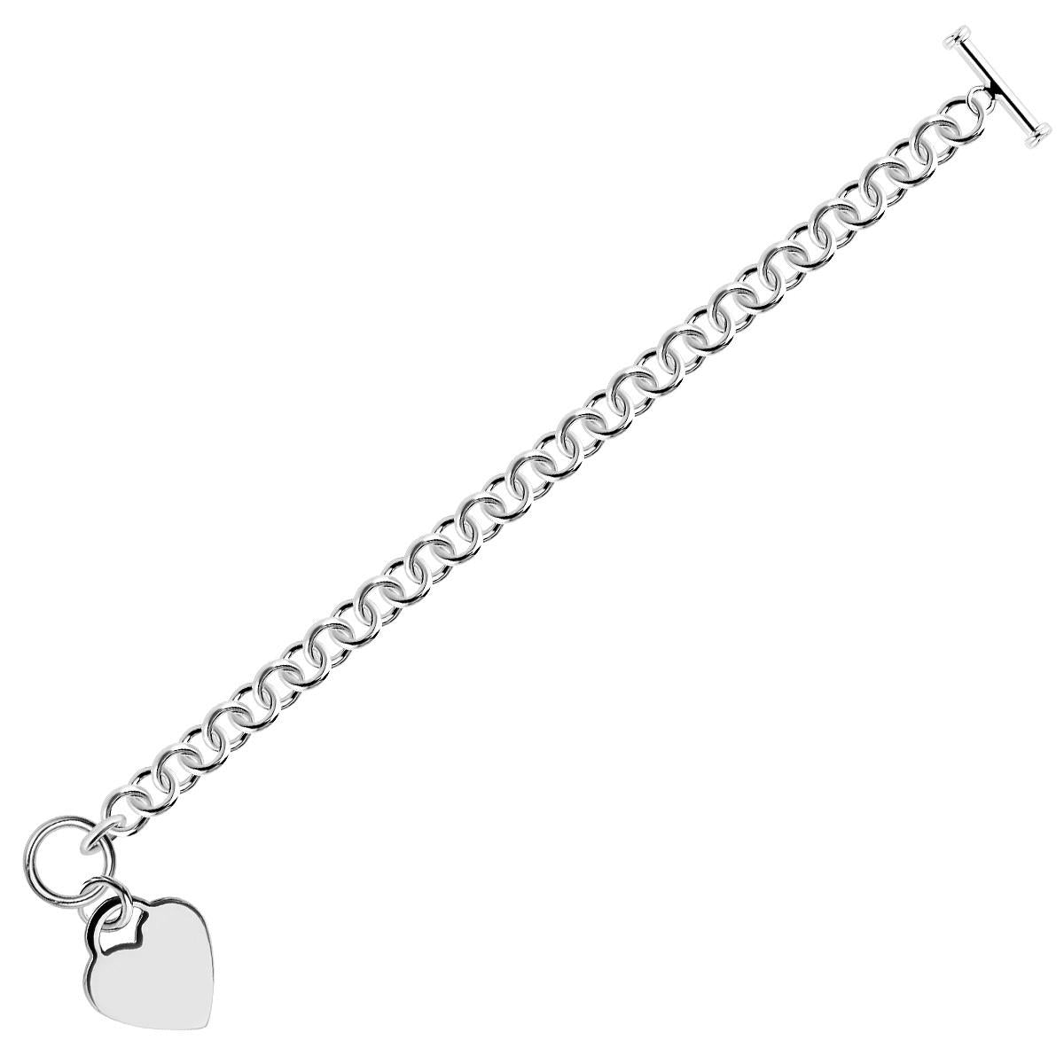 Sterling Silver Rhodium Plated Rolo Style Heart Charmed Chain Bracelet 8