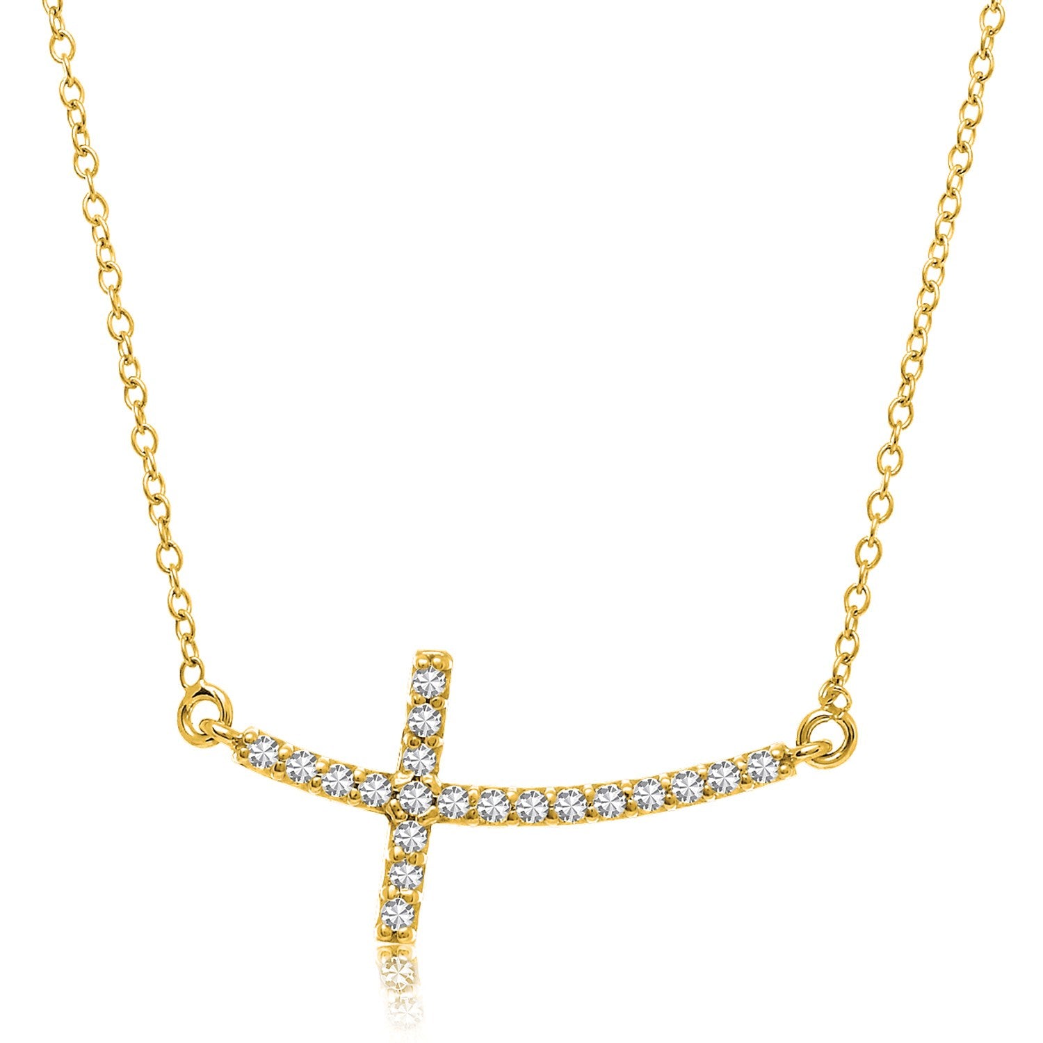 14k Yellow Gold Curved Crucifix Diamond Accented Necklace (.21cttw) - 18" - Jewelry