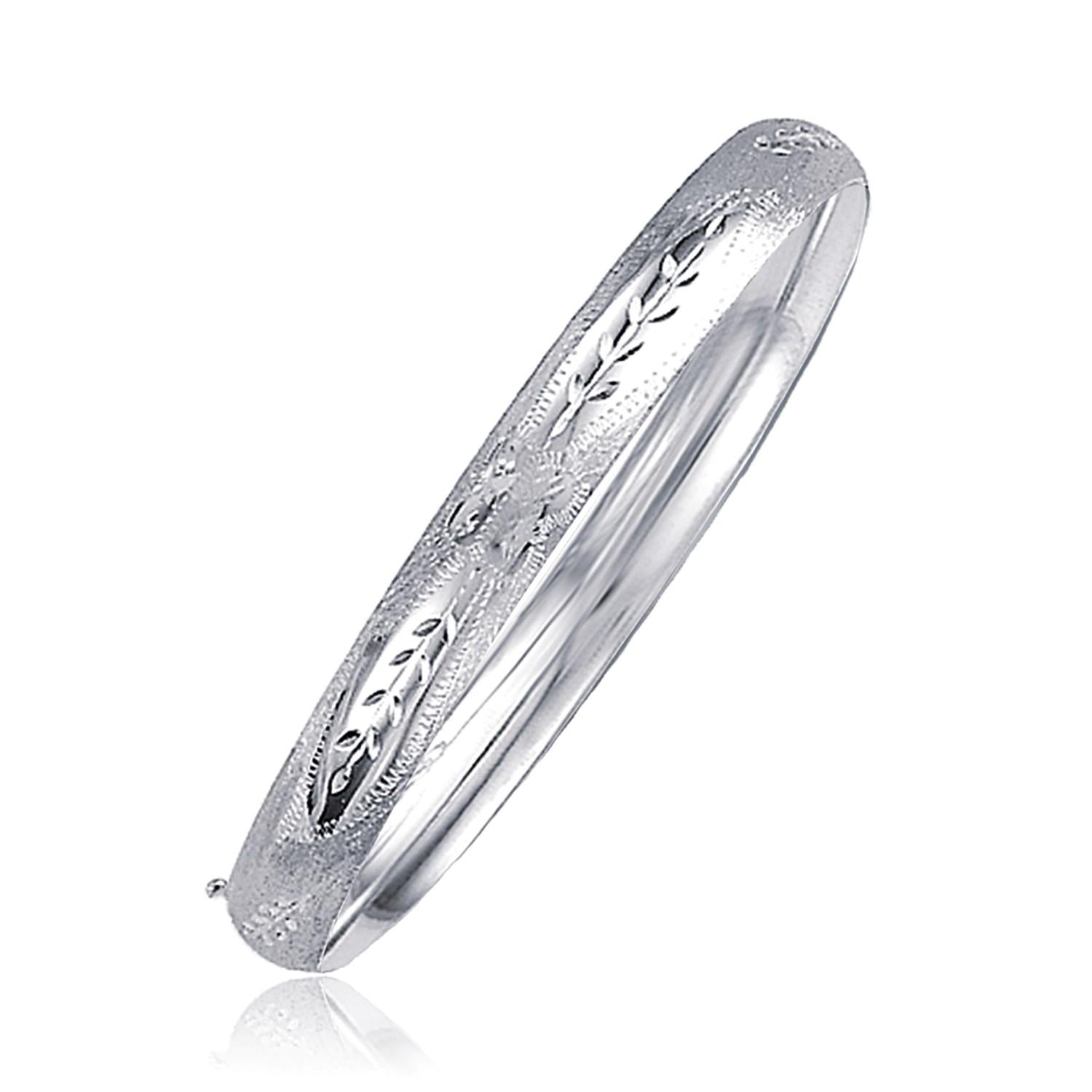 Classic Floral Carved Bangle in 14k White Gold (6.0mm) 7"