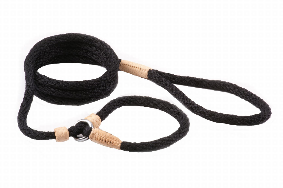 Black nylon slip leash with two stoppers and braided loop ends with wood-tone inserts