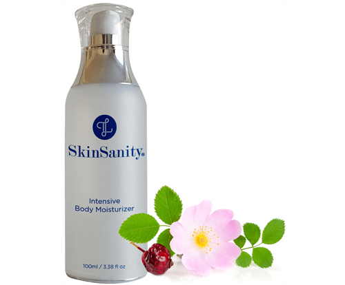 SkinSanity Intensive Body Moisturizer bottle, 100ml, with flower and leaf graphic
