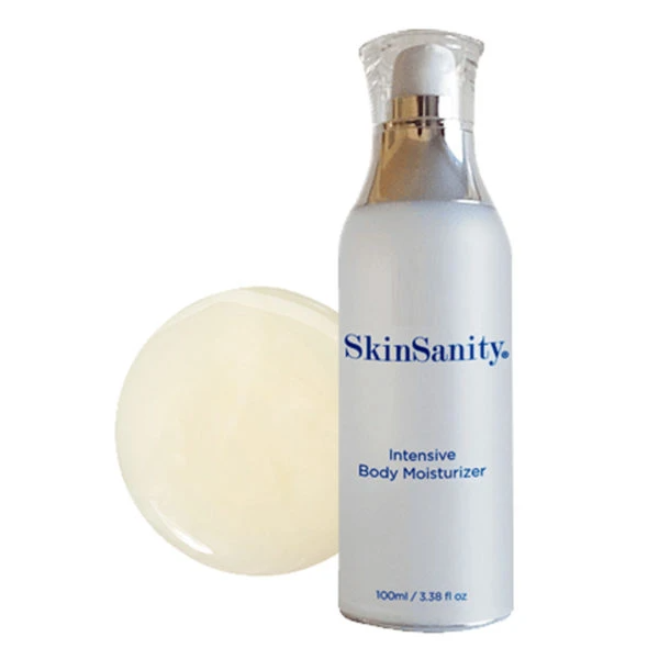 SkinSanity Intensive Body Moisturizer bottle, 100ml, with pale cream sample swatch