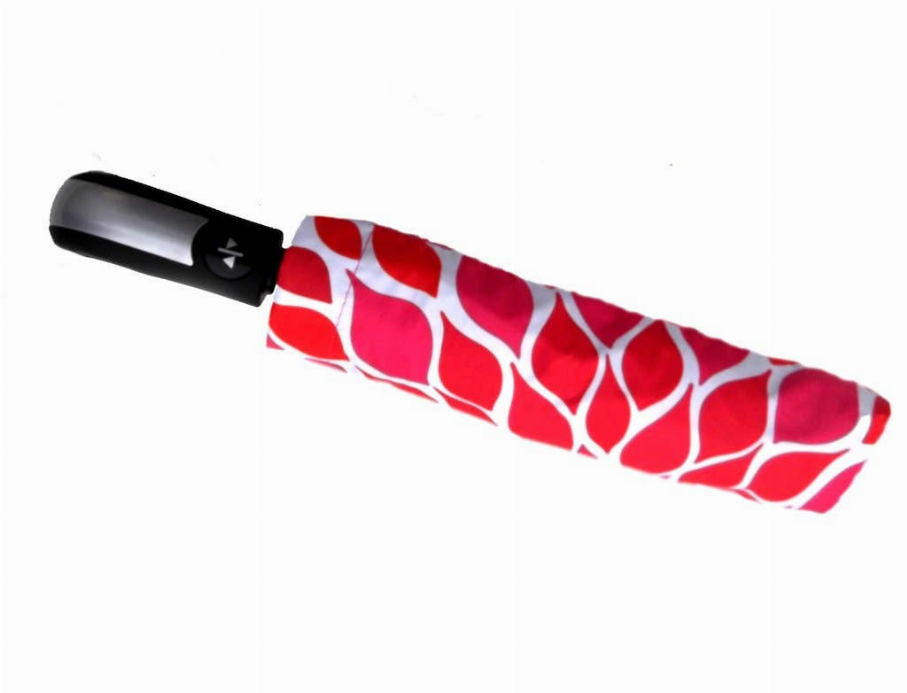 Compact umbrella in red and white leaf pattern with black push-button handle