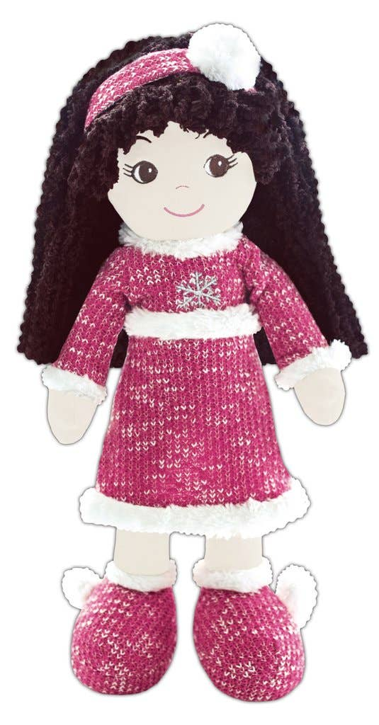 Snowflake doll with burgundy knit dress, white trim, and fuzzy boots