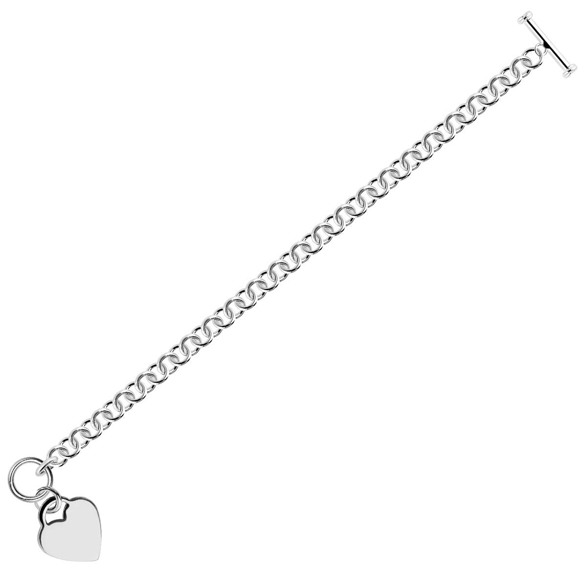 Sterling Silver Rhodium Plated Rolo Chain Bracelet with a Heart Charm 7.25