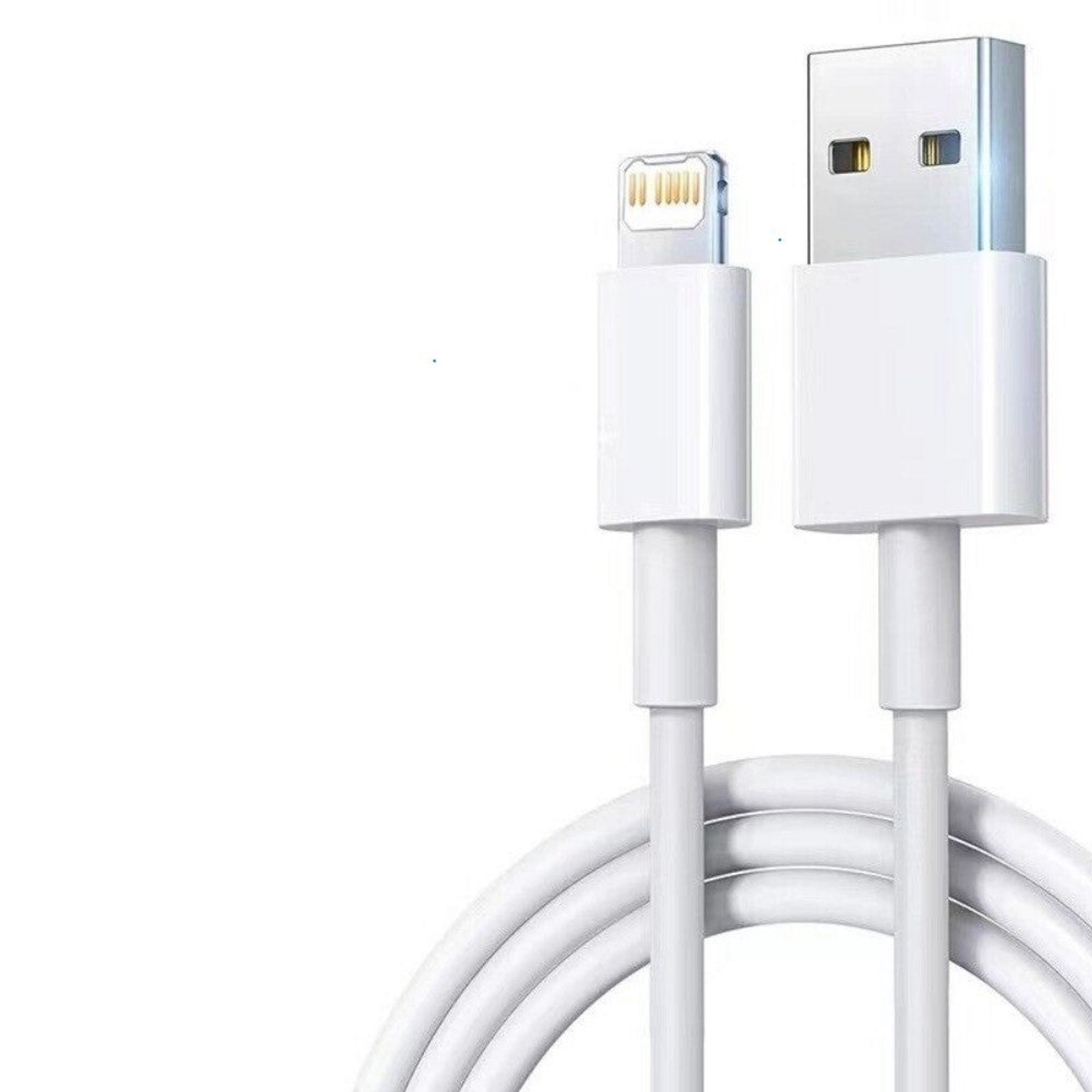 White USB-A to Lightning cable with two molded plugs, close-up of connectors