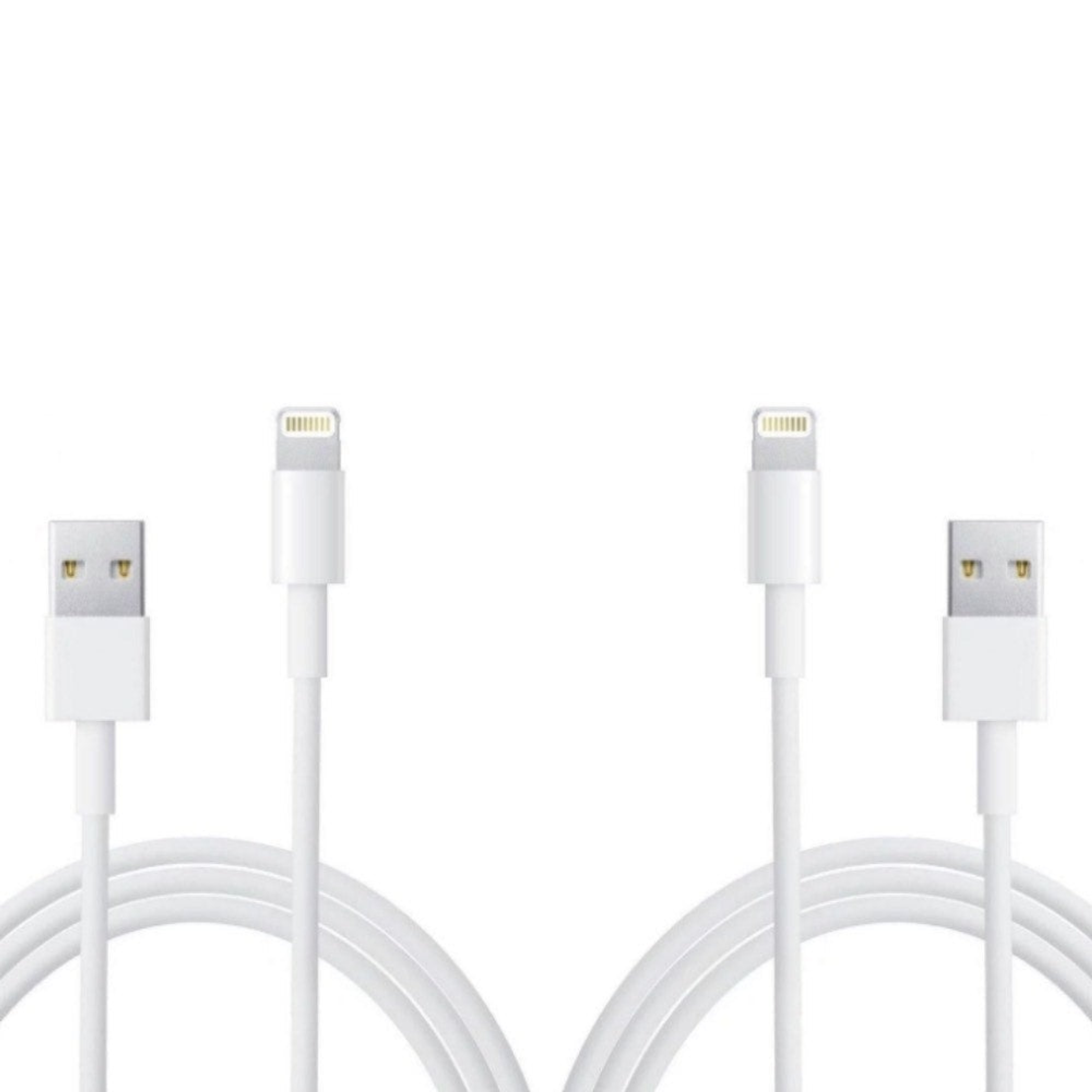Two white USB-A to Lightning cables, 3 ft each, twin connector ends