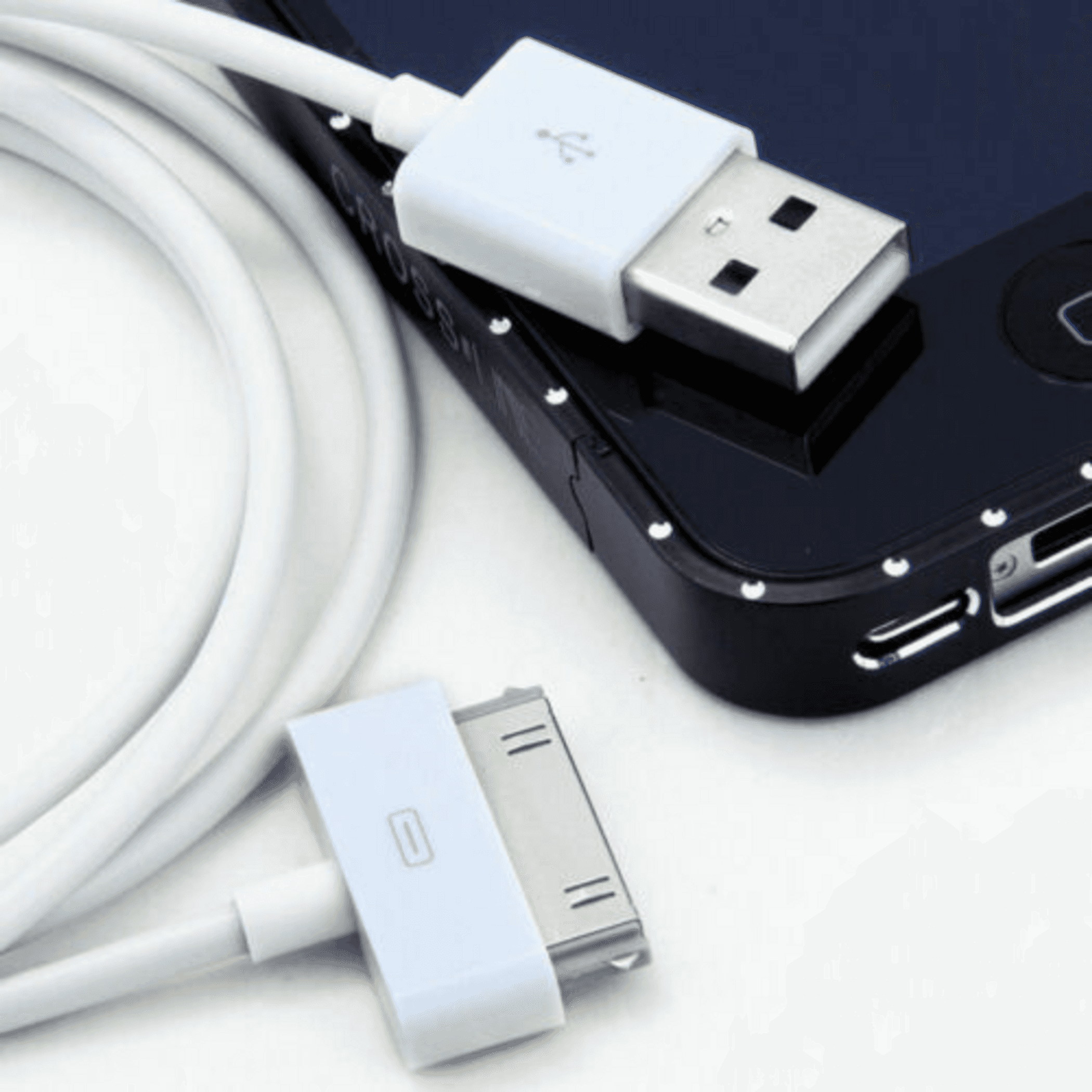 White 6ft 30-pin USB-A charging cable with USB-A plug and 30-pin connector close-up