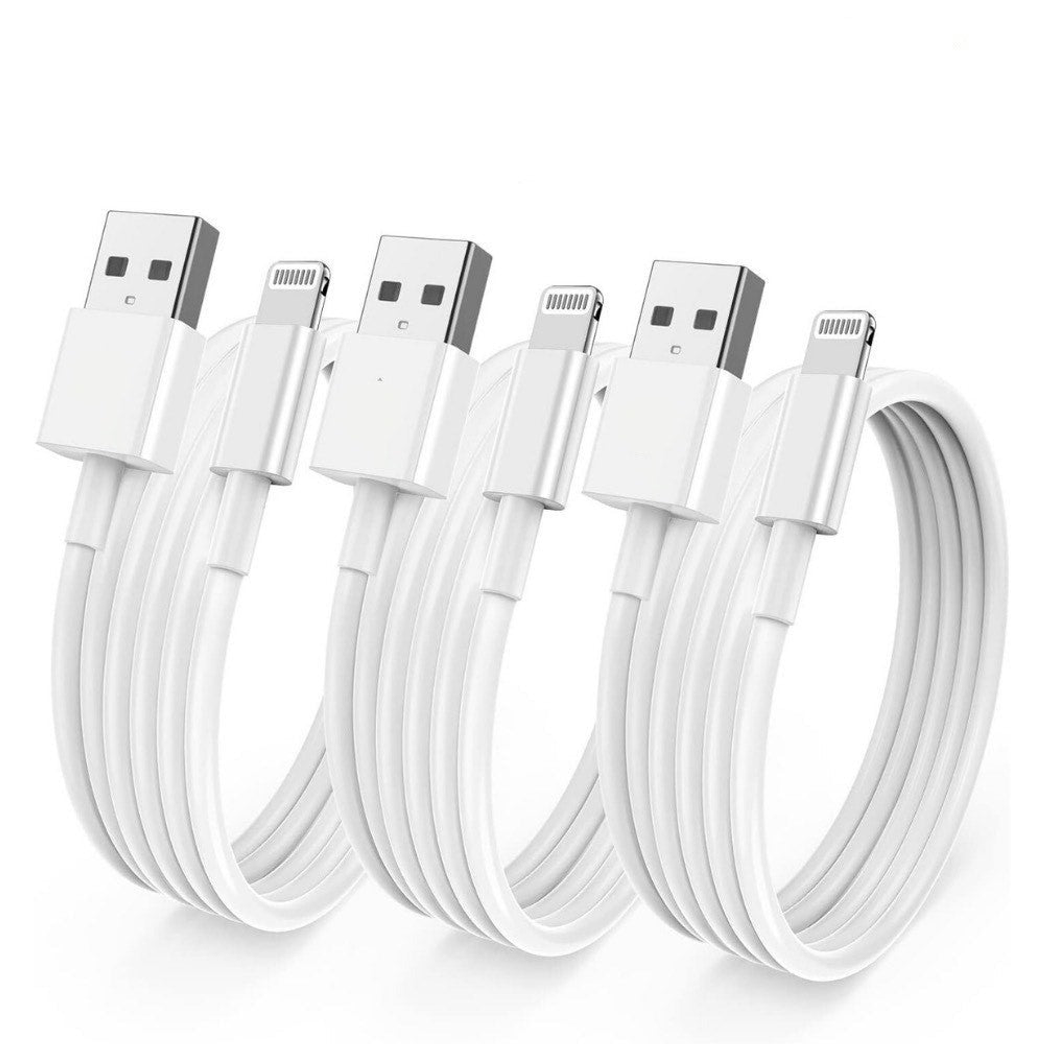 3-pack white USB-A to Lightning charging data cables with USB and Lightning ends