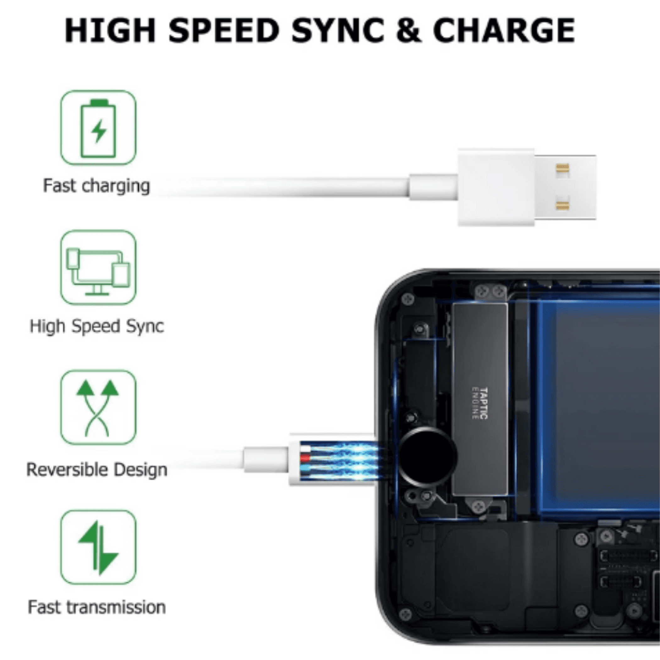 White USB-A to Lightning cable connector with fast charging and sync icons