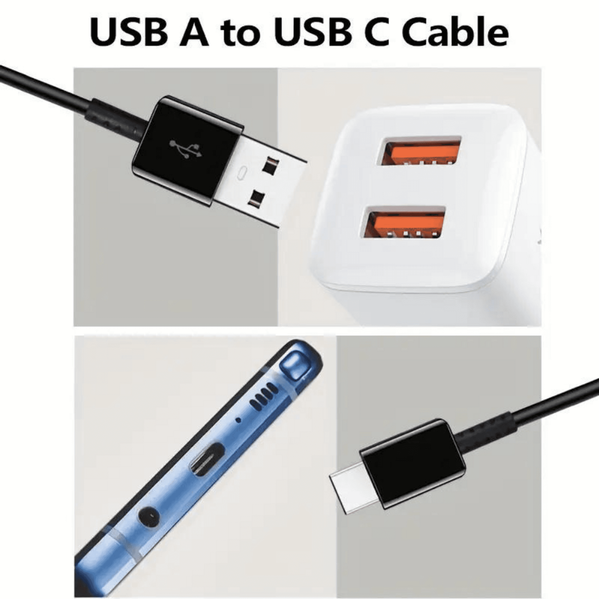 USB-A to USB-C cable with USB-A plug and USB-C connector tip