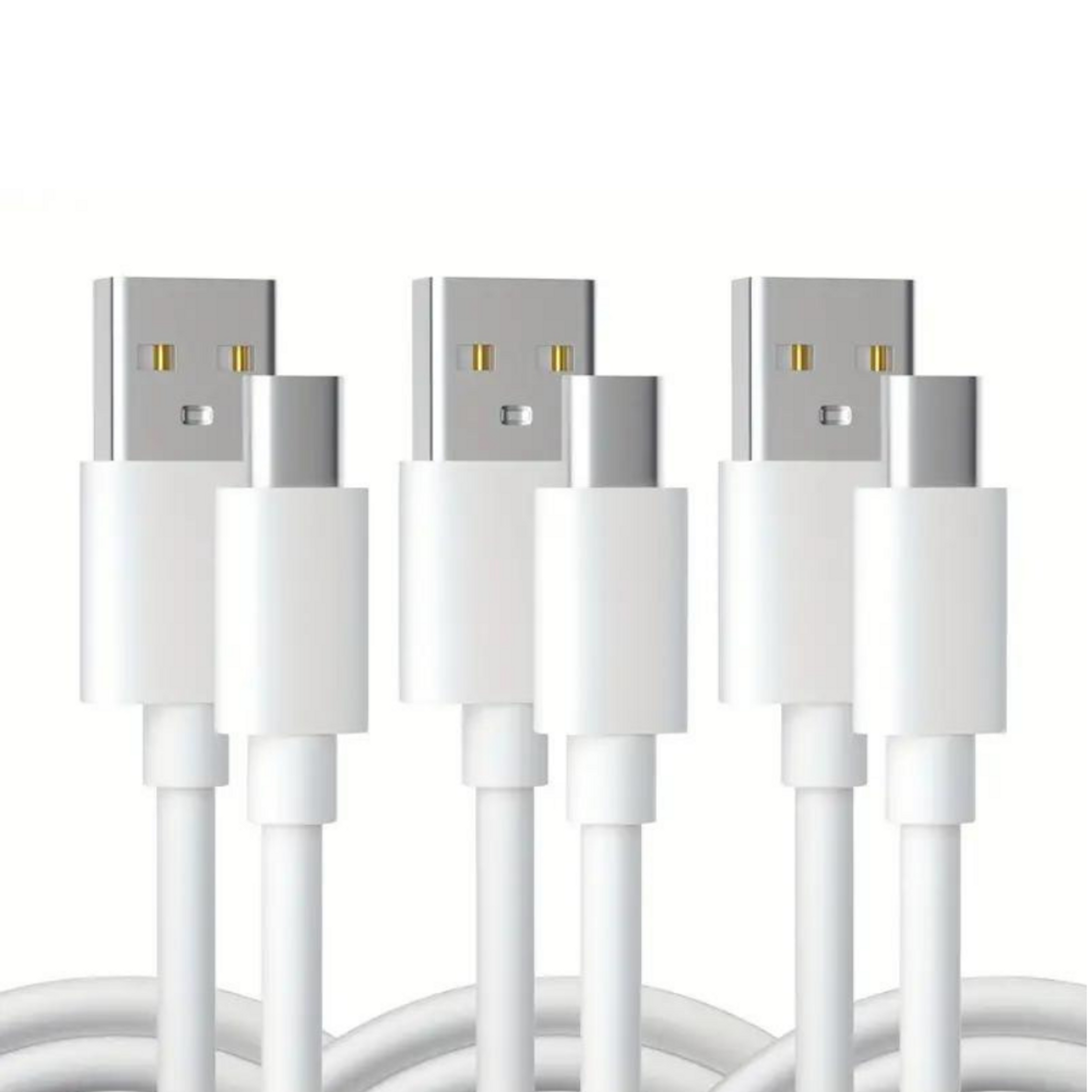 3-pack white USB charging cables with USB-A plugs and cable strain reliefs