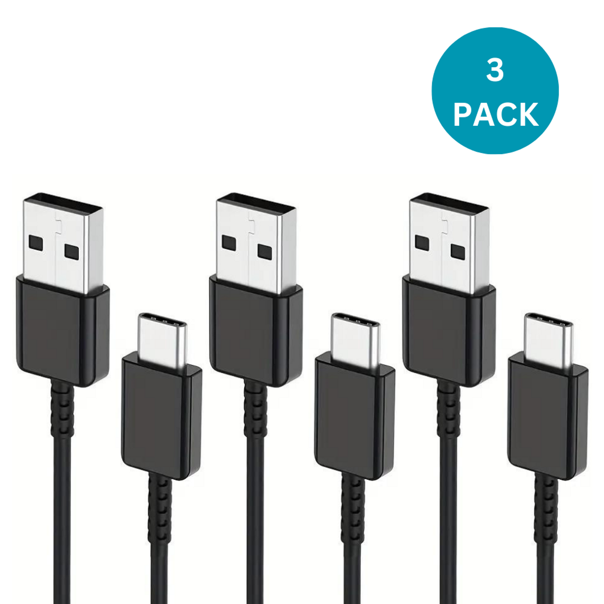 3-pack USB-C charging cables with white USB-A plugs and dark cable strain reliefs