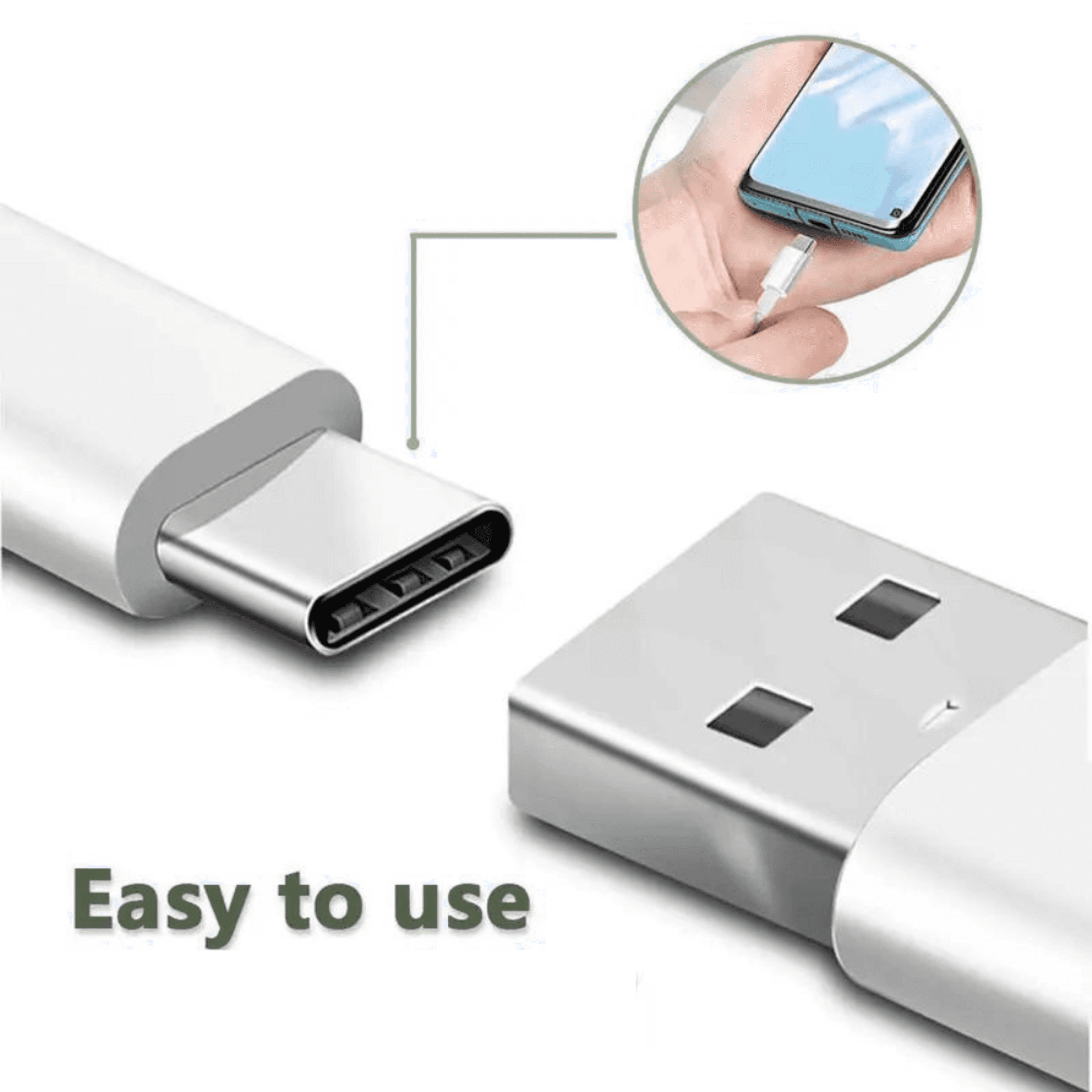 USB-C to USB-A charging cable with metal plugs for easy connection
