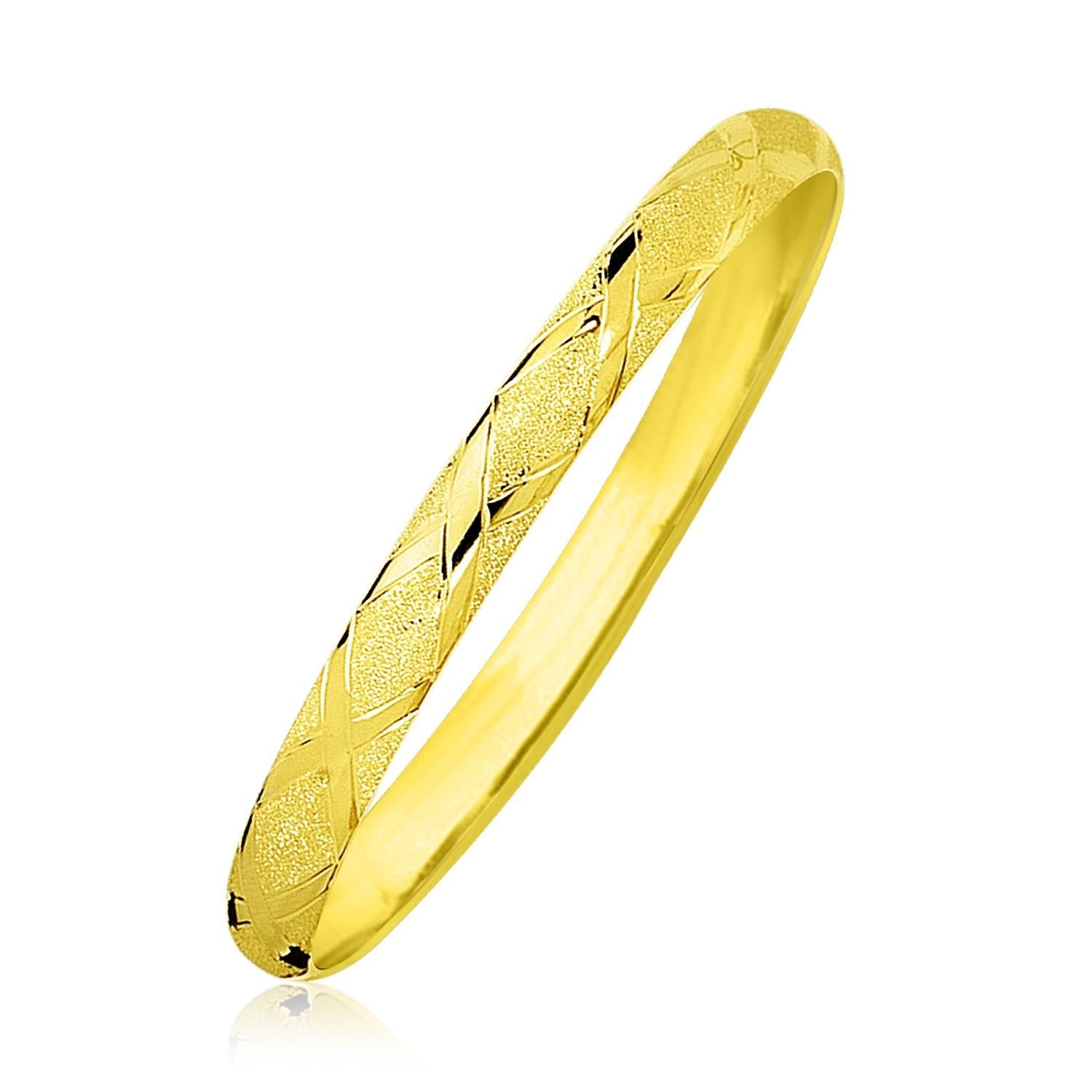 10k Yellow Gold Slender Diamond Pattern Textured Bangle 8"