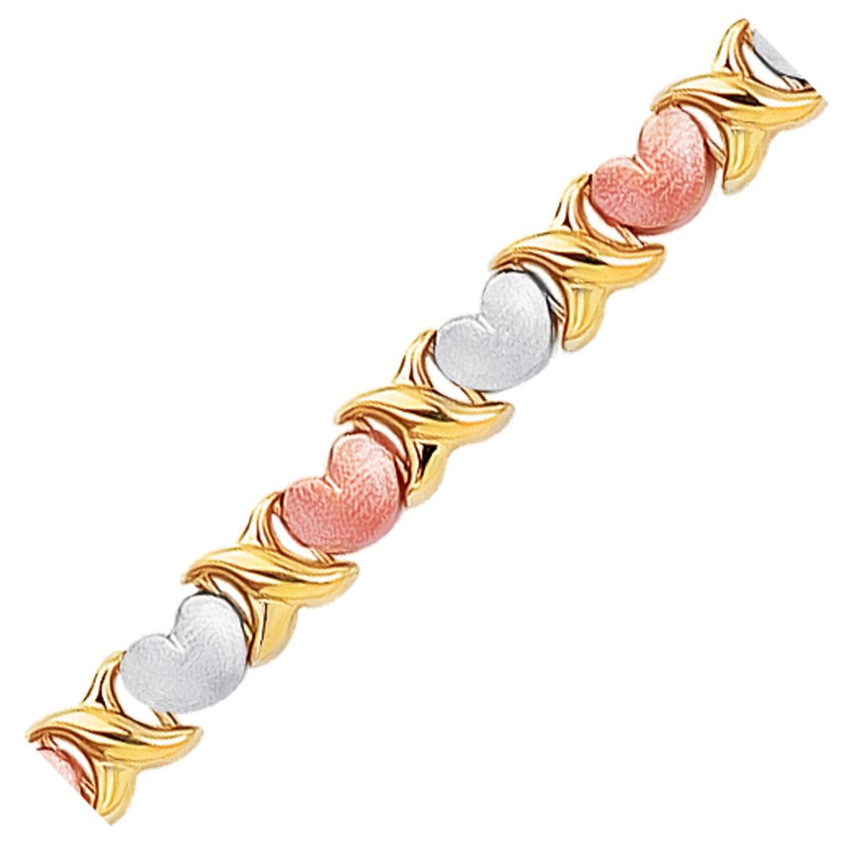 14k Tri-Color Gold Fancy Satin Heart Line Bracelet - GreatEagleInc