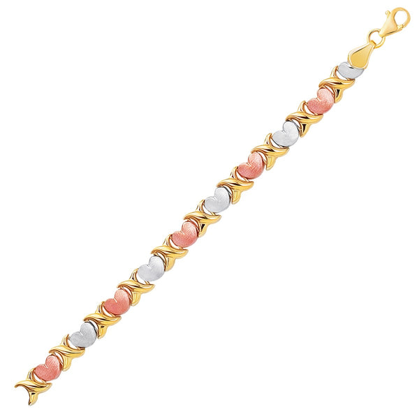 14k Tri-Color Gold Fancy Satin Heart Line Bracelet - GreatEagleInc