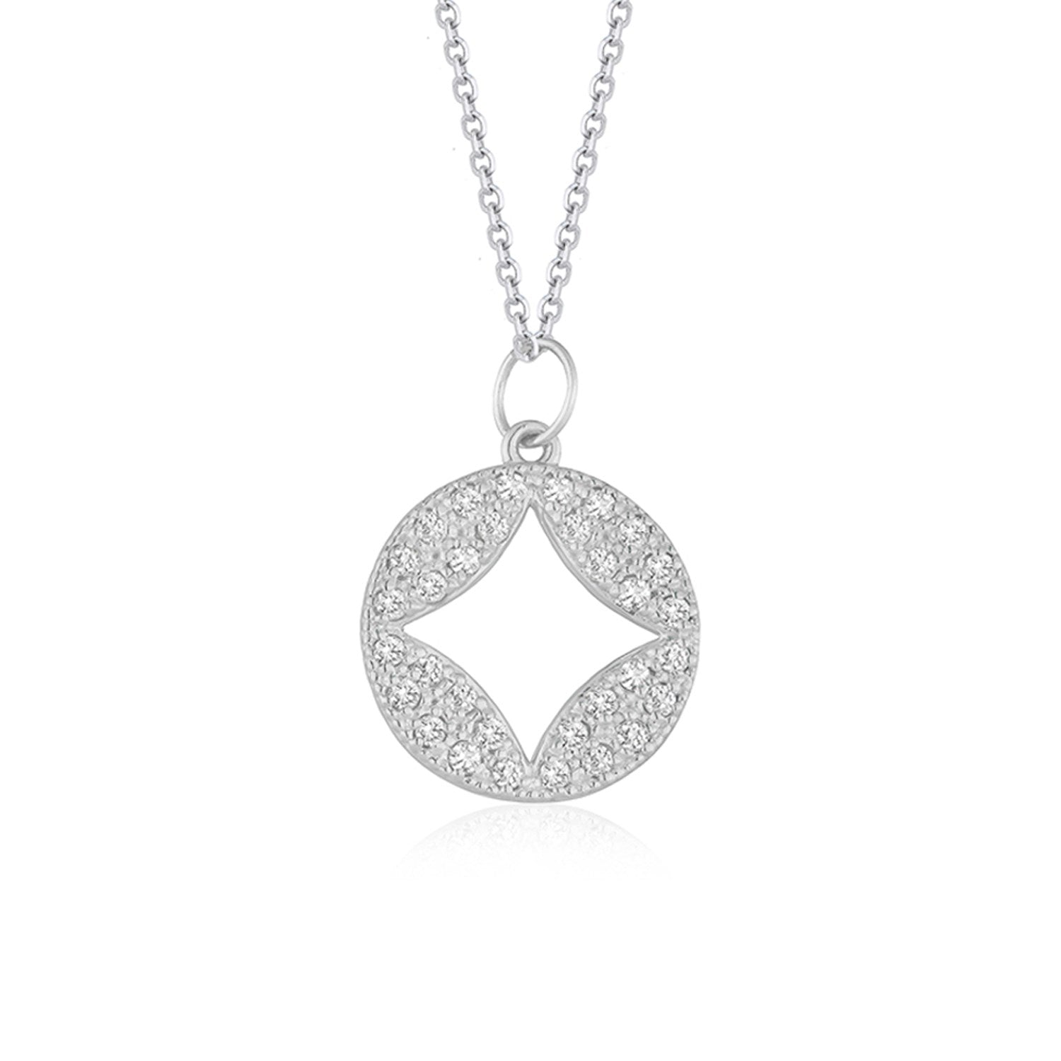 14k White Gold Diamond Studded Circle Pendant with Cut-out (1/3 cttw) - 16" - Jewelry