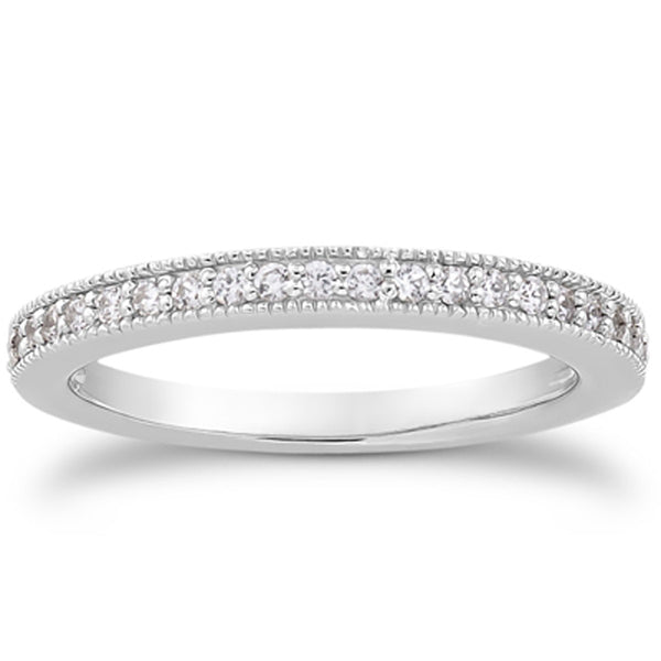14k White Gold Pave Diamond Milgrain Wedding Ring Band Set 1/2 Around - 4 - Jewelry