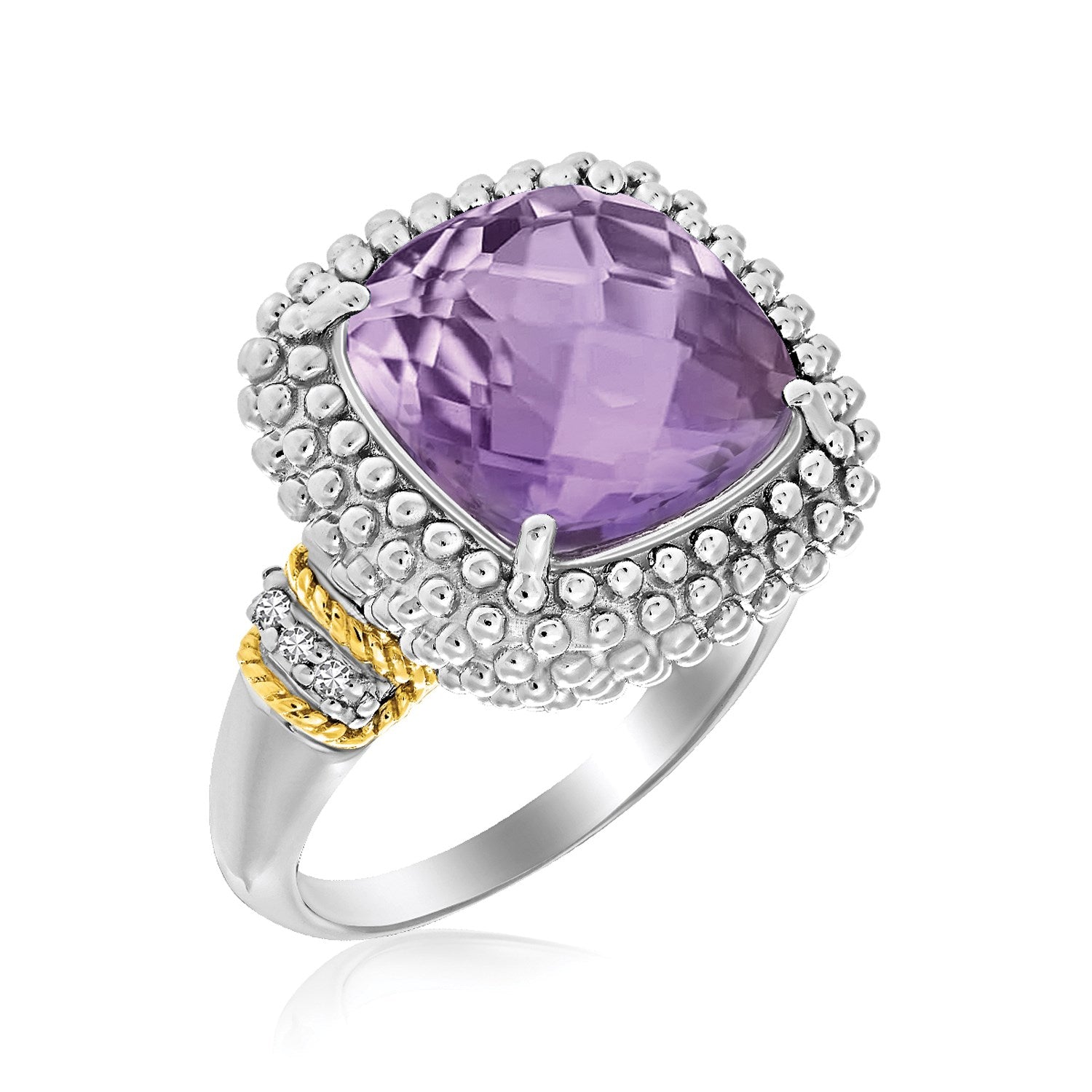 18k Yellow Gold & Sterling Silver Popcorn Ring with Amethyst and Diamond Accents - 7 - Jewelry