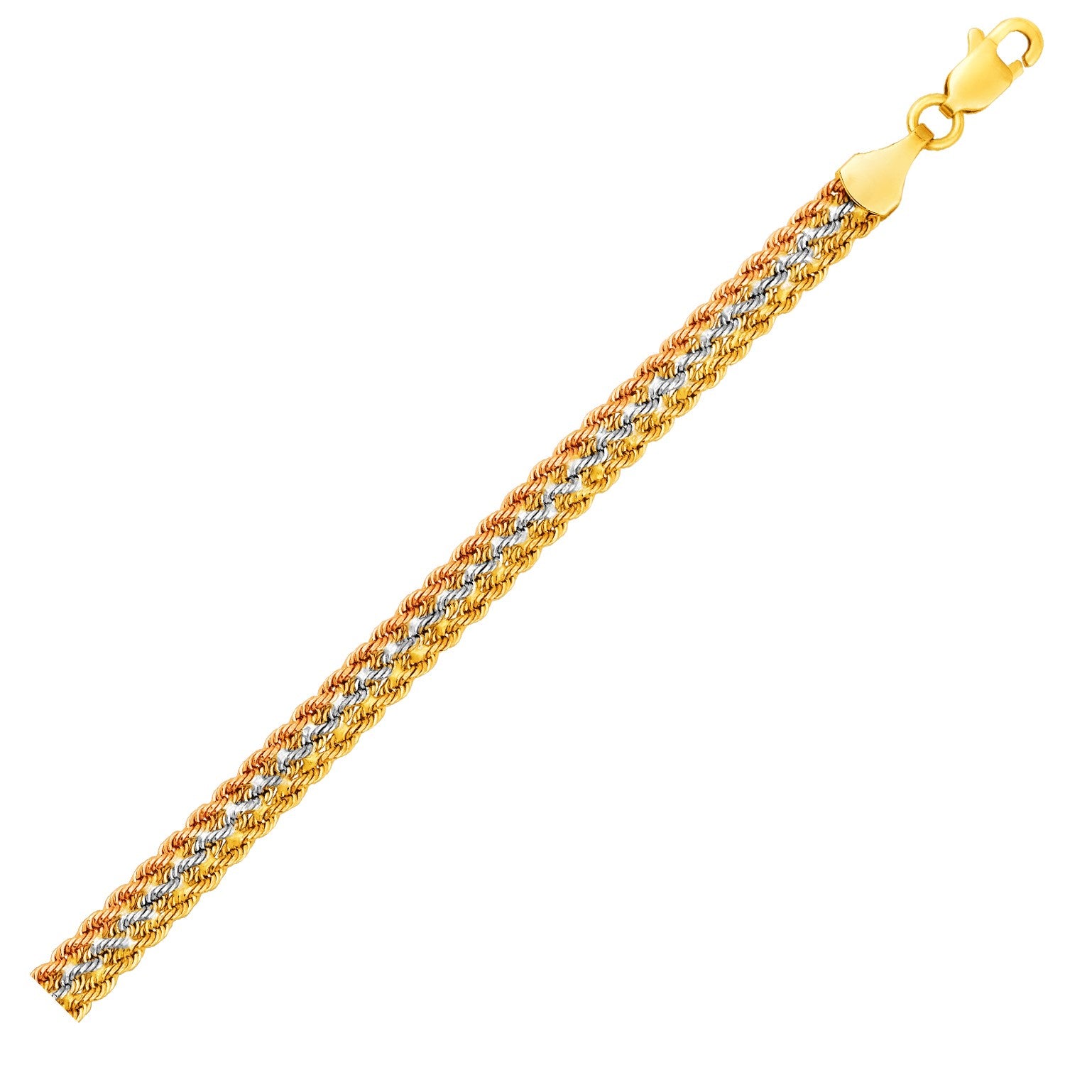 Tri-Toned Multi-Strand Rope Chain Bracelet in 10k Yellow, White, and Rose Gold 7.5"