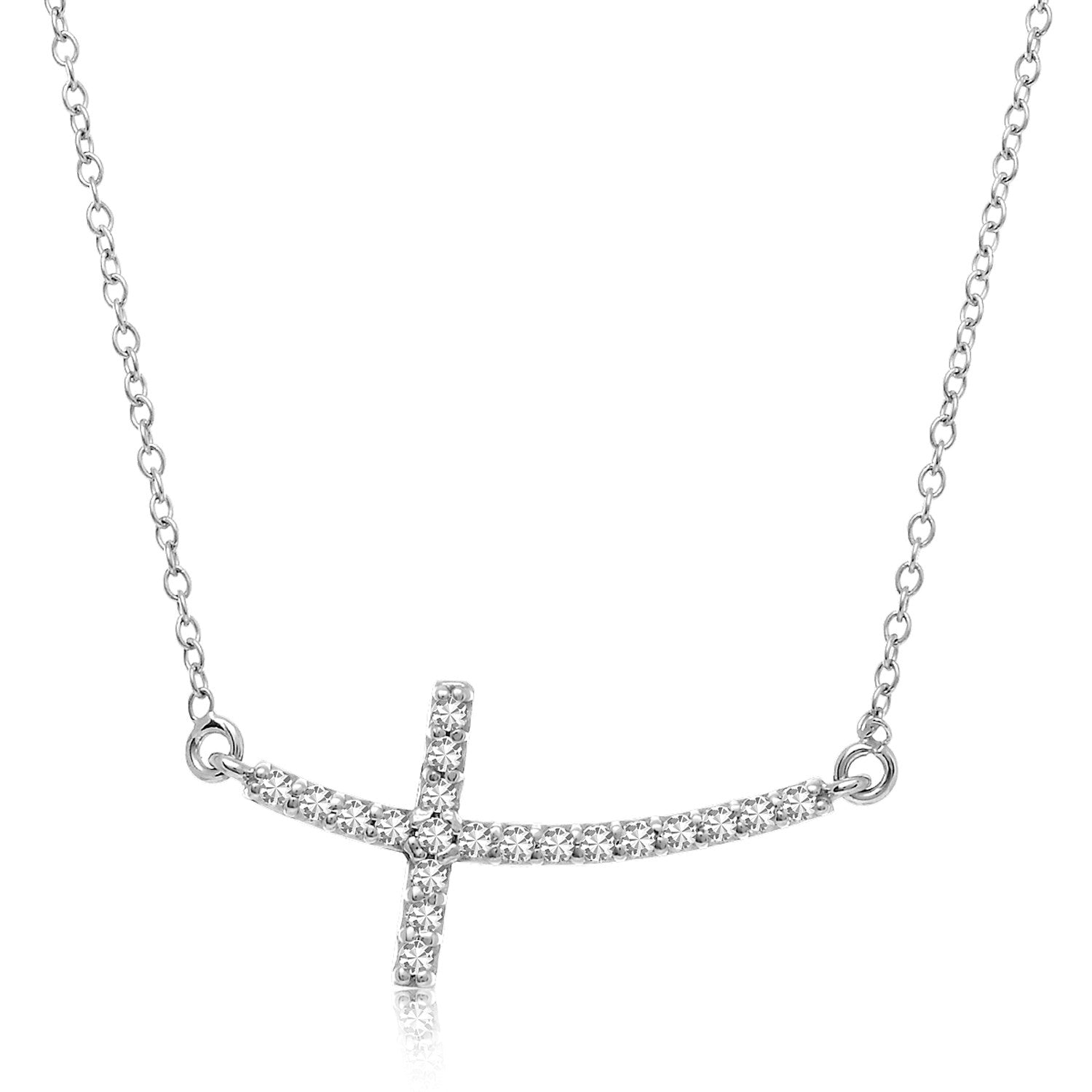 14k White Gold Diamond Embellished Cross Motif Necklace (.21cttw) - 18" - Jewelry