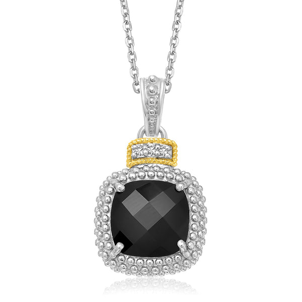 18k Yellow Gold & Sterling Silver Popcorn Cushion Black Onyx and Diamond Pendant 18