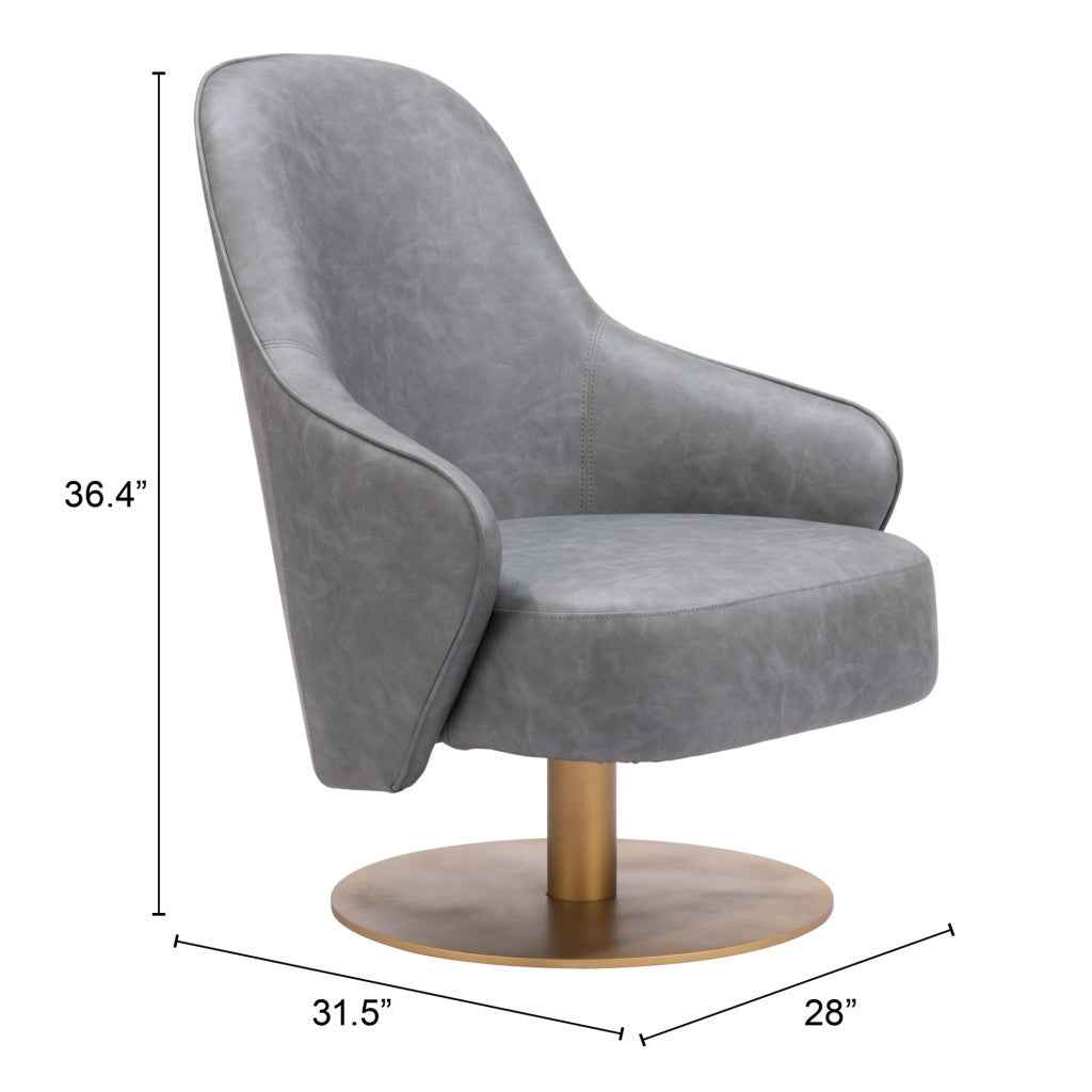 28" Gray And Gold Faux Leather And Faux Leather Swivel Arm Chair