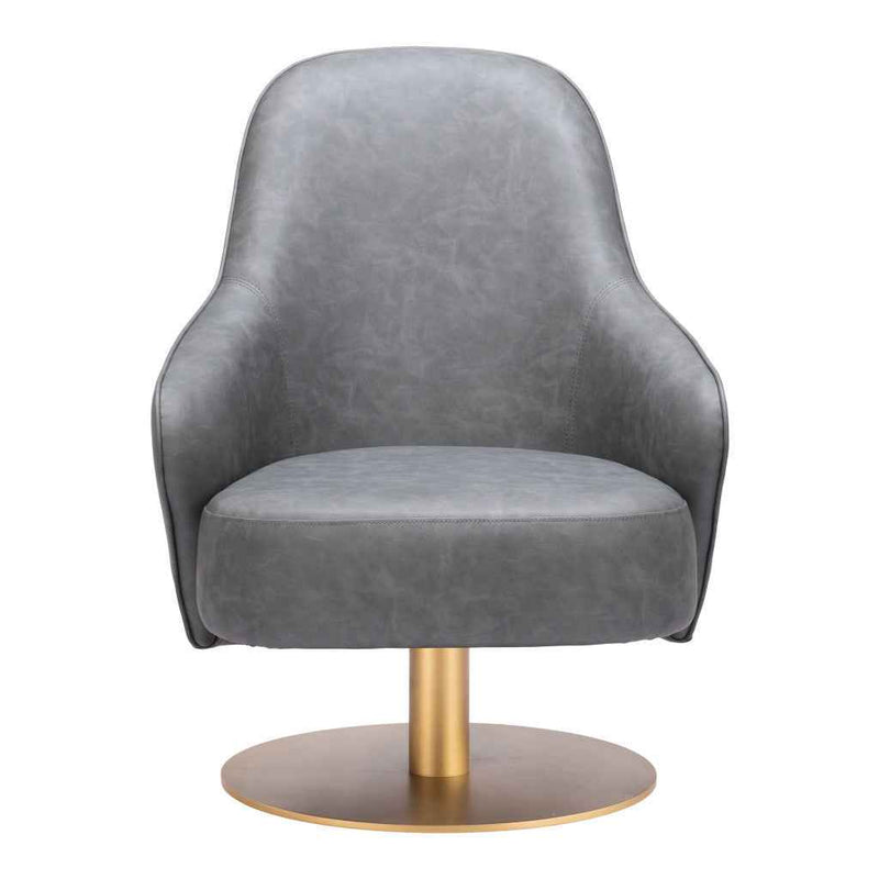 28" Gray And Gold Faux Leather And Faux Leather Swivel Arm Chair