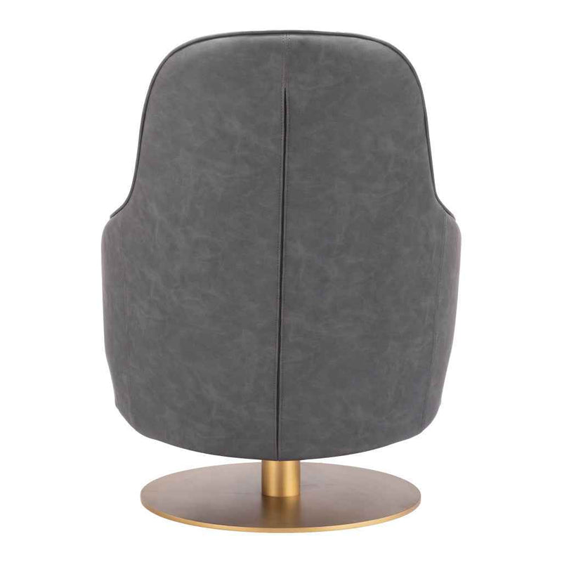 28" Gray And Gold Faux Leather And Faux Leather Swivel Arm Chair
