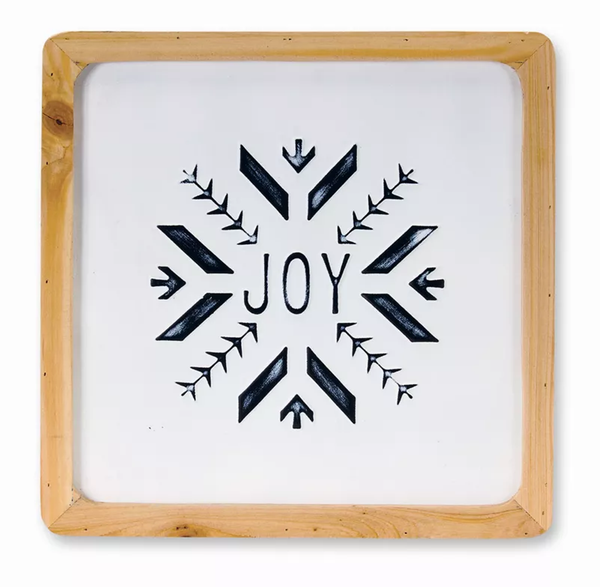 Square wood picture frame with black 'JOY' wall art, arrow snowflake design