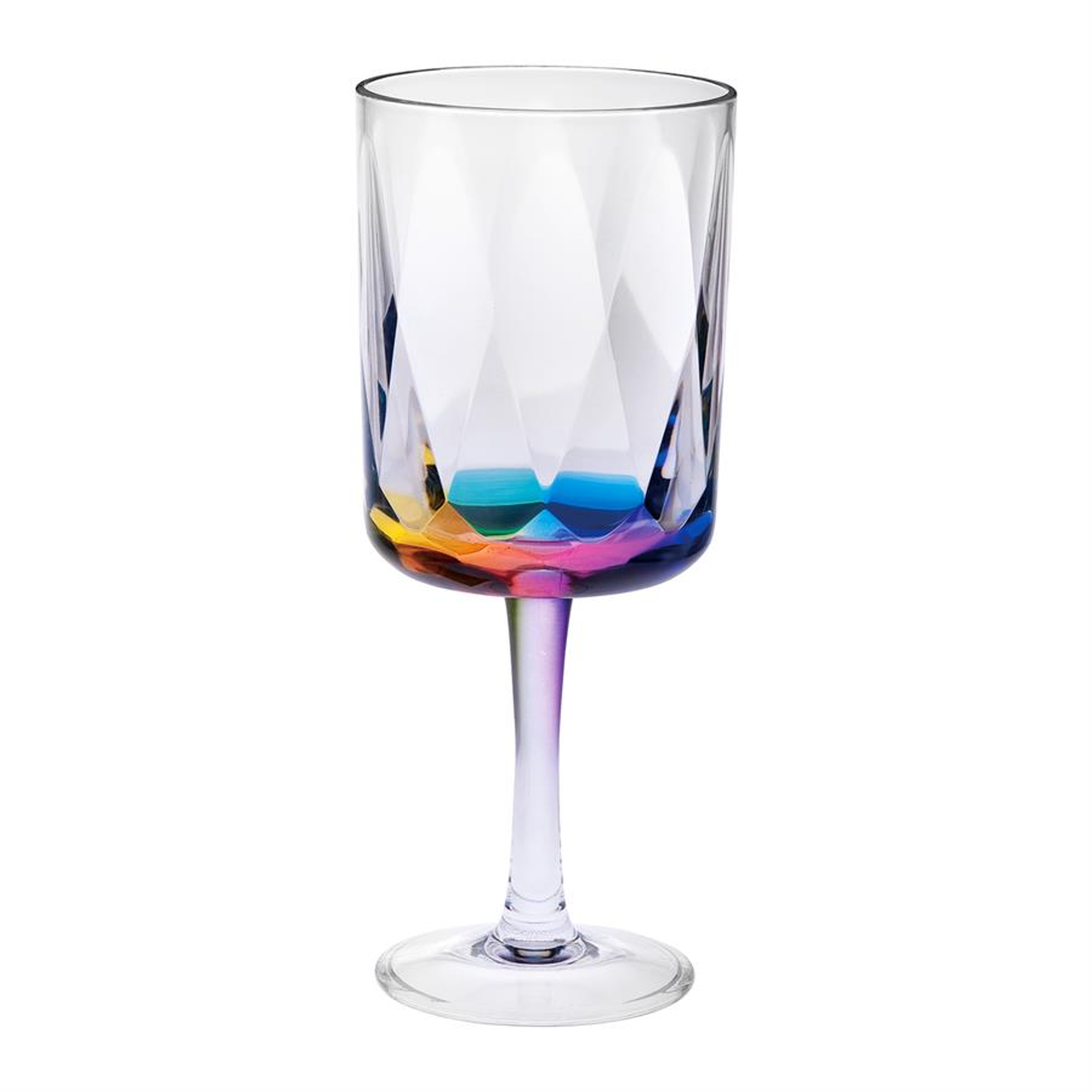 15 oz acrylic wine glass with clear body and faceted rainbow diamond pattern
