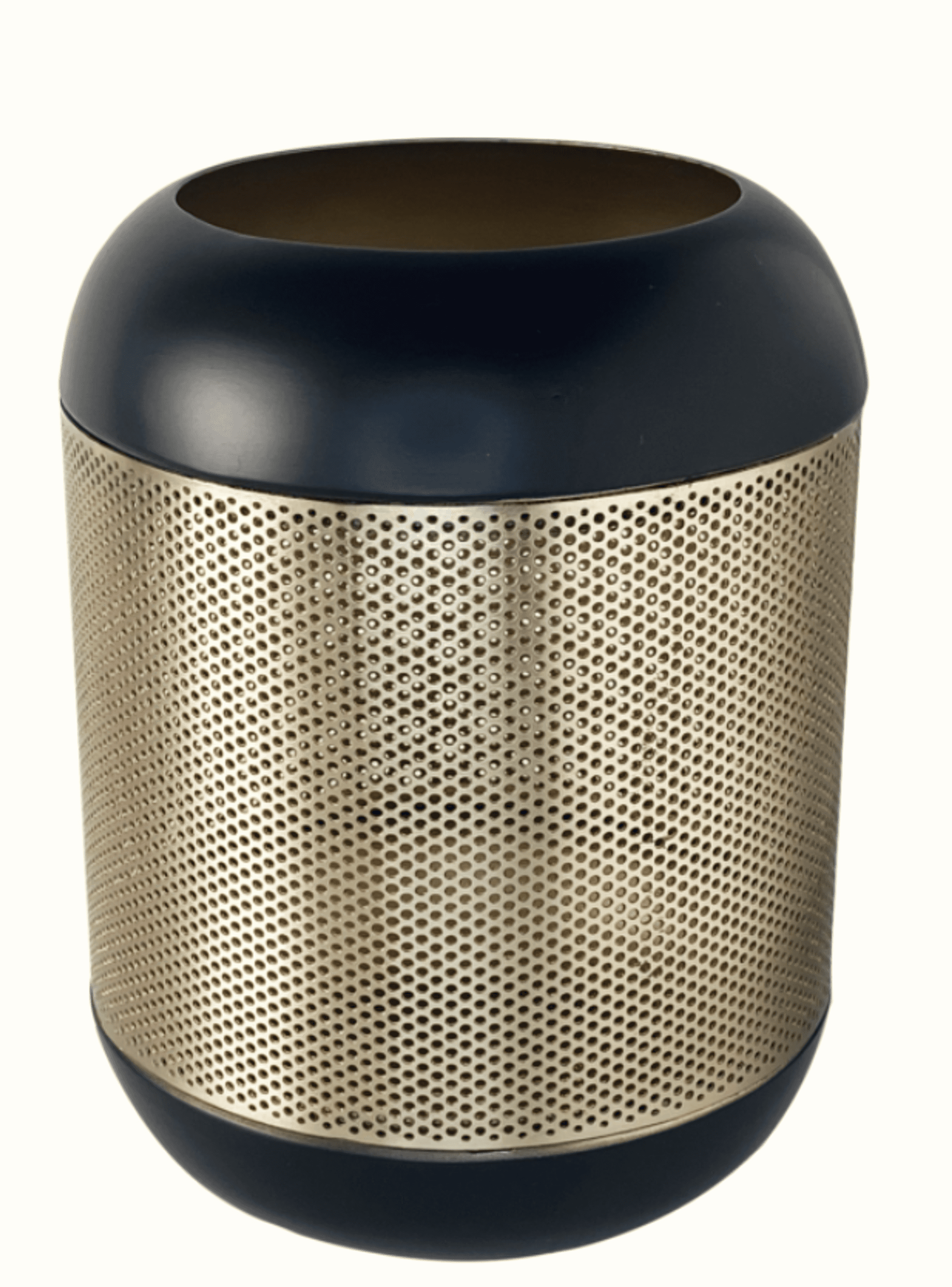 Gold metal hurricane candle holder with perforated cylinder and dark rim