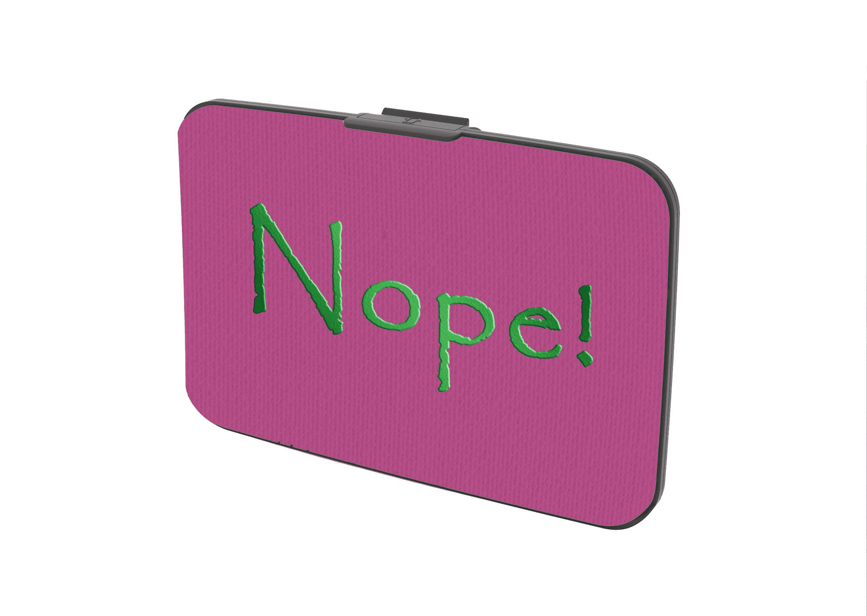 Purple canvas security wallet with clasp and green "Nope!" print