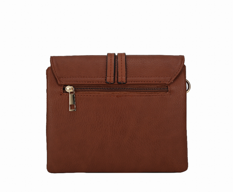 Cognac multi-compartment crossbody bag with front zip pocket under flap and gold-tone zipper