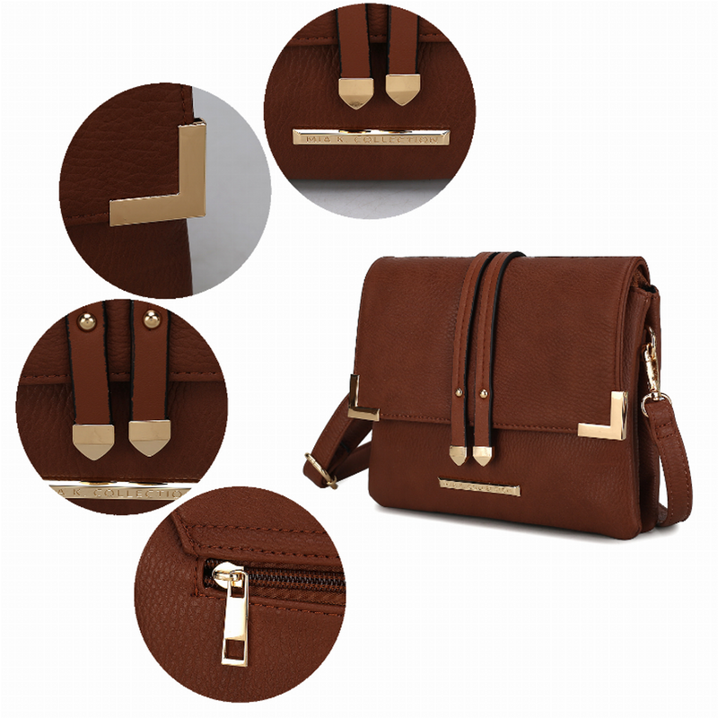 Cognac multi-compartment crossbody bag showing buckled flap and gold-tone hardware details