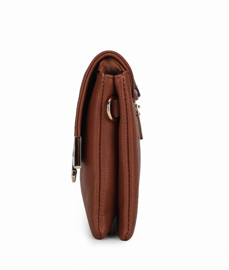Cognac multi-compartment crossbody bag side view with zip pocket and gold-tone hardware