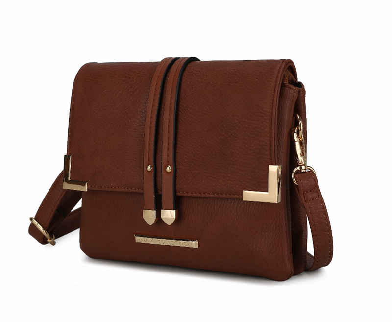 Cognac multi-compartment crossbody bag with flap closure, front strap, and gold-tone accents