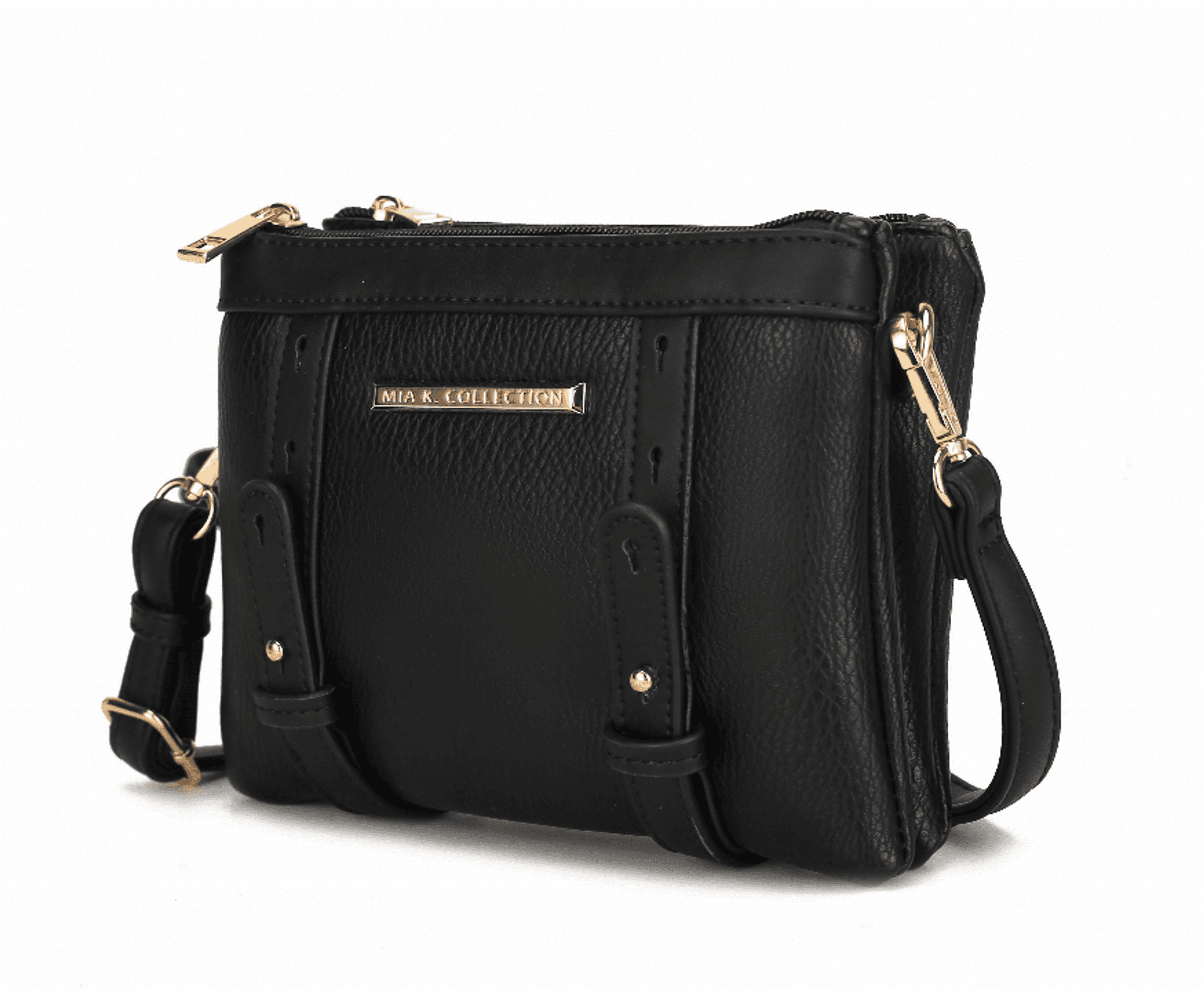 Black multi-compartment crossbody bag with zip top, gold hardware, and adjustable strap